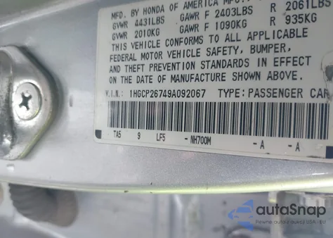 2009 Honda Accord 2.4 Ex z USA, uszkodzony, nr VIN 1HGCP26749A092067